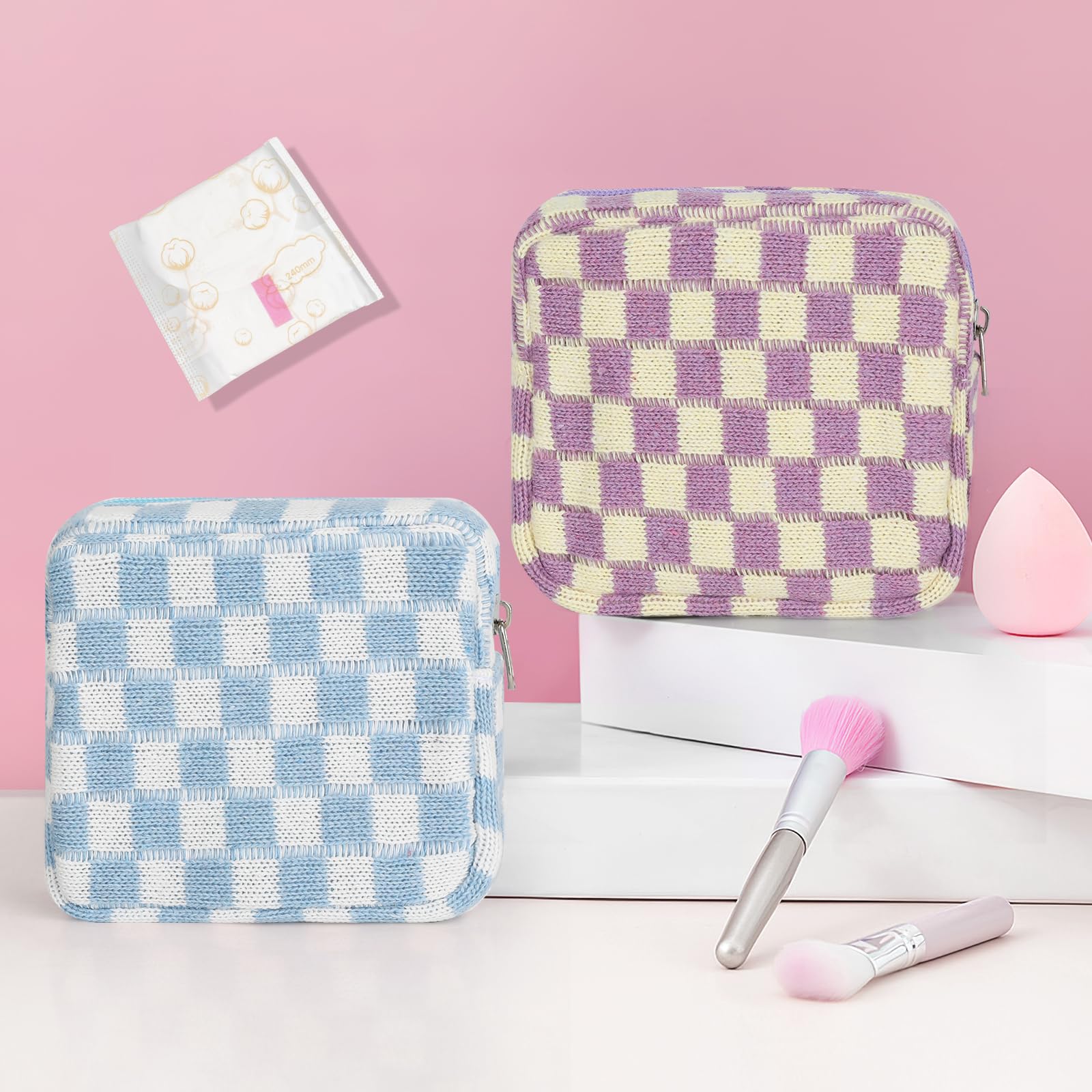 CekPo Sanitary Napkin Storage Bag, Menstrual Pad Zipper Bag Checkered Portable Period Bag Panty Liners, Tampon Storage Pouch for Women Ladies Daily Use Storage Purse Travel