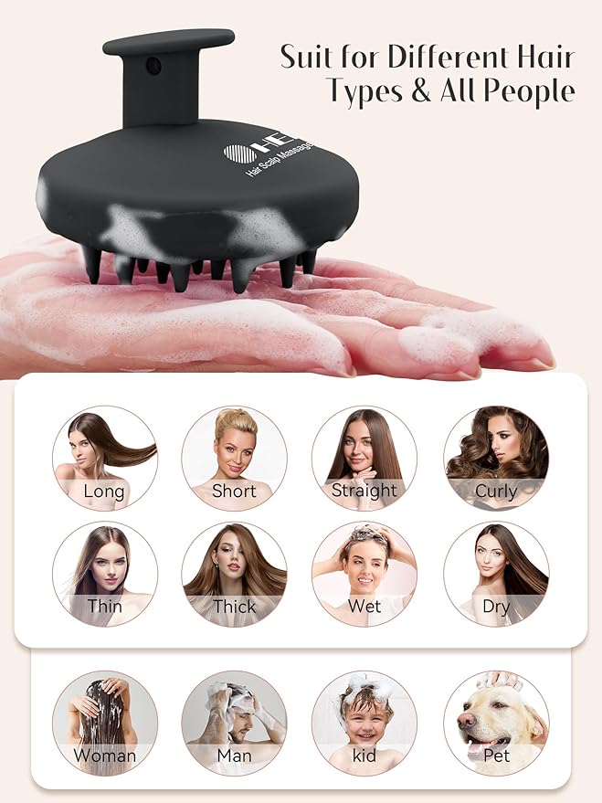 HEETA Scalp Massager Hair Growth, Scalp Scrubber with Soft Bristles, Integrated Silicone Design, Exfoliator for Dandruff Removal & Relaxation, Shampoo Brush Fit Wet Dry Hair Use, Black