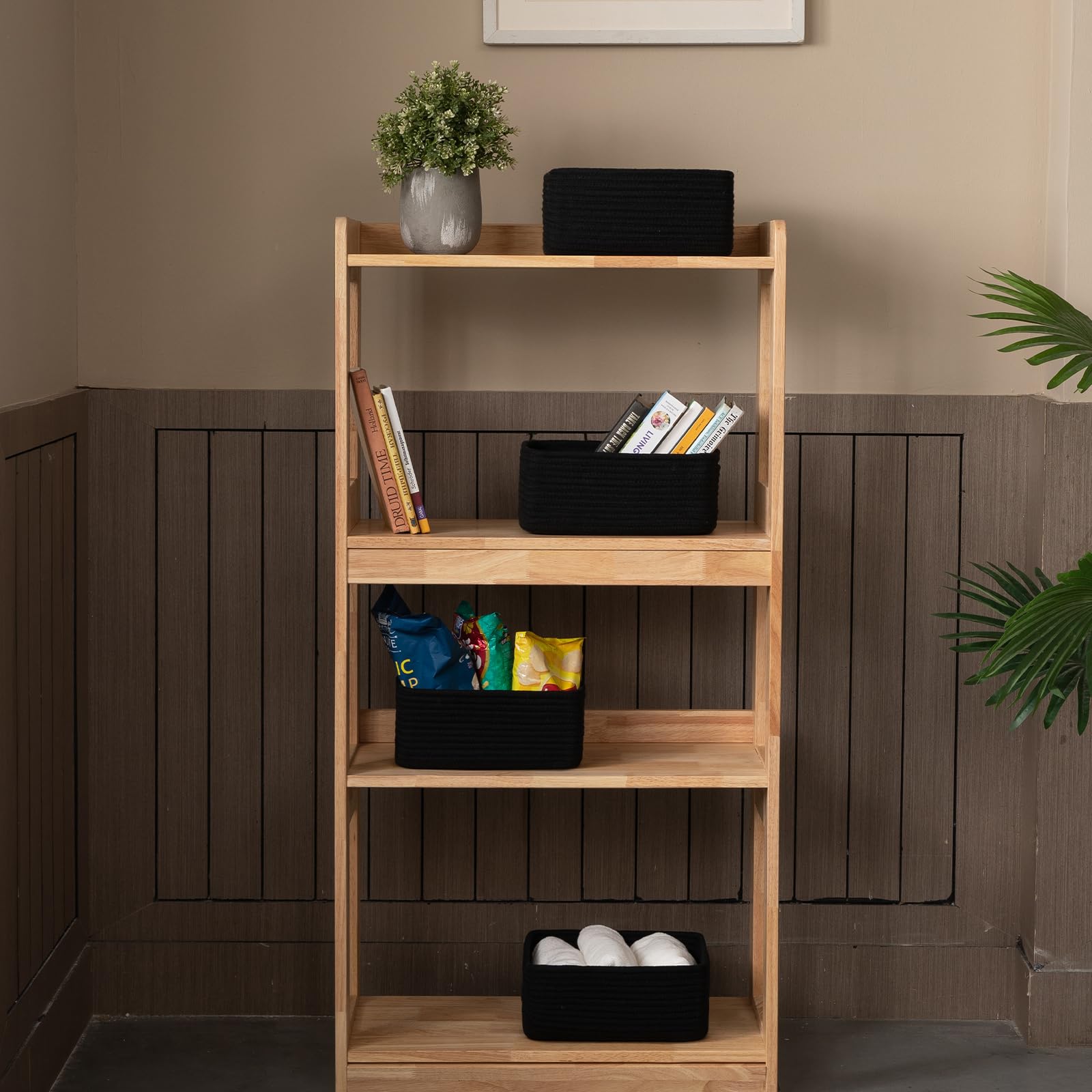 OIASKET 4 Pack Small Storage Shelf Baskets for Organizing, Mini Woven Rope Storage Bins for Towels, Cute Decorative Closet Organizer，Baby Nursery, Gift Empty Baskets -11.81''Lx7.87''Wx4.72''H-Black