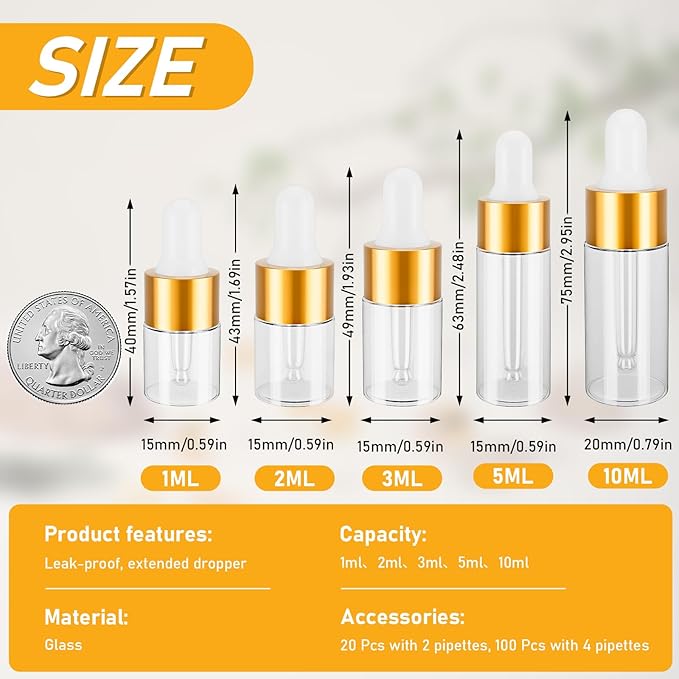 100 Pack Mini Dropper Bottle for Cuticle Oil, 1ml Small Sample Essential Oil Dropper Bottles for Travel, Clear Empty Vails for Cosmetic Perfume