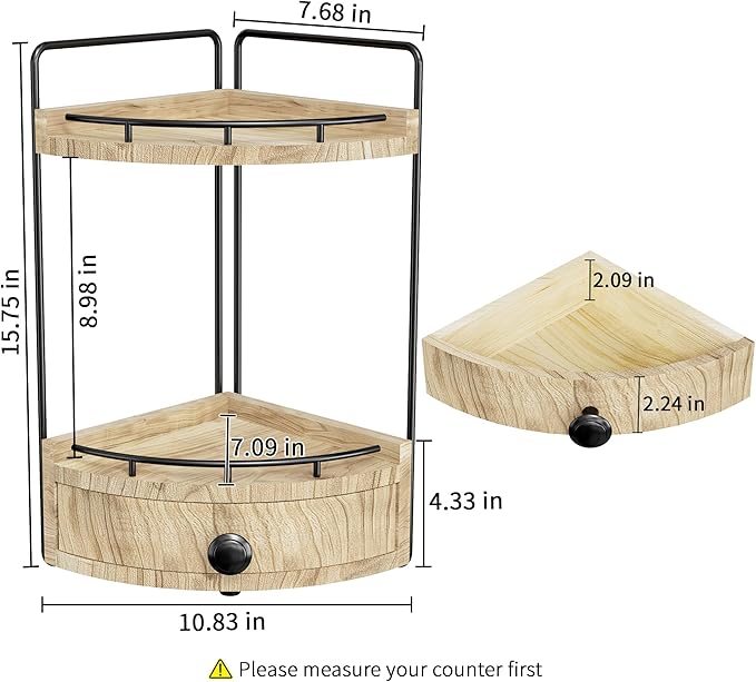 Aollewoiti 2-Tier Corner Bathroom Counter Organizer with Drawer, Wood color