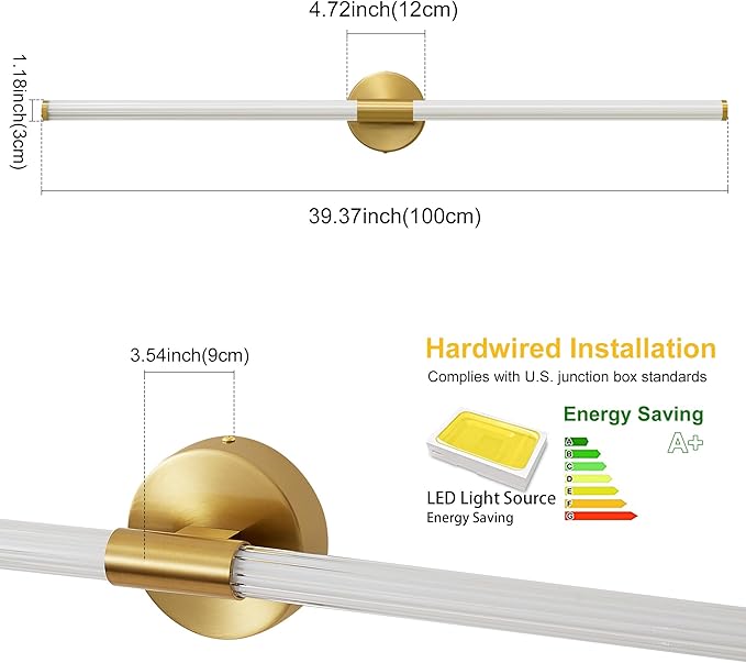 Glod Wall Sconces Set of 2 Hardwired, Dimmable 5CCT LED Bathroom Light Fixtures Over Mirror, 360° Full Lighting 39" Long Vanity Light Bar Modern Wall Sconce for Bathroom Bedroom Living Room