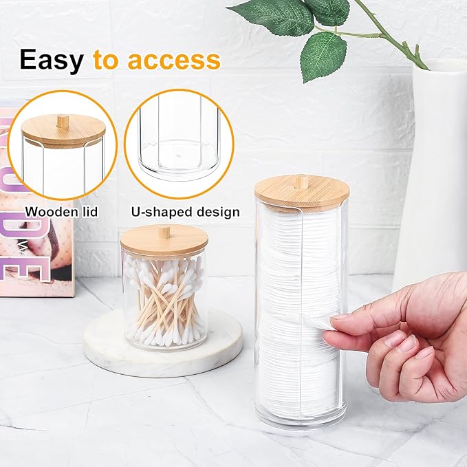 Fulushouxi 2 Pcs Qtip Holder, Cotton Pads Balls Dispenser Holders, Clear Cotton Swab Makeup Canister, Apothecary Jar Holder Organizer with Bamboo Lid for Bathroom Tabletop Vanity Makeup Storage Box