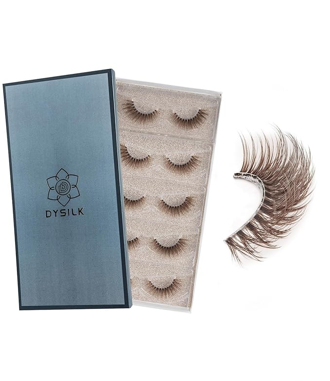 DYSILK Brown Wispy Lashes 5 Pairs, 16mm Cat Eye Eyelashes Natural & Fluffy, Faux Mink Lashes with Ultra Thin Invisible Band for Everyday Luxury, Reusable & Beginner-Friendly (Brown-01)