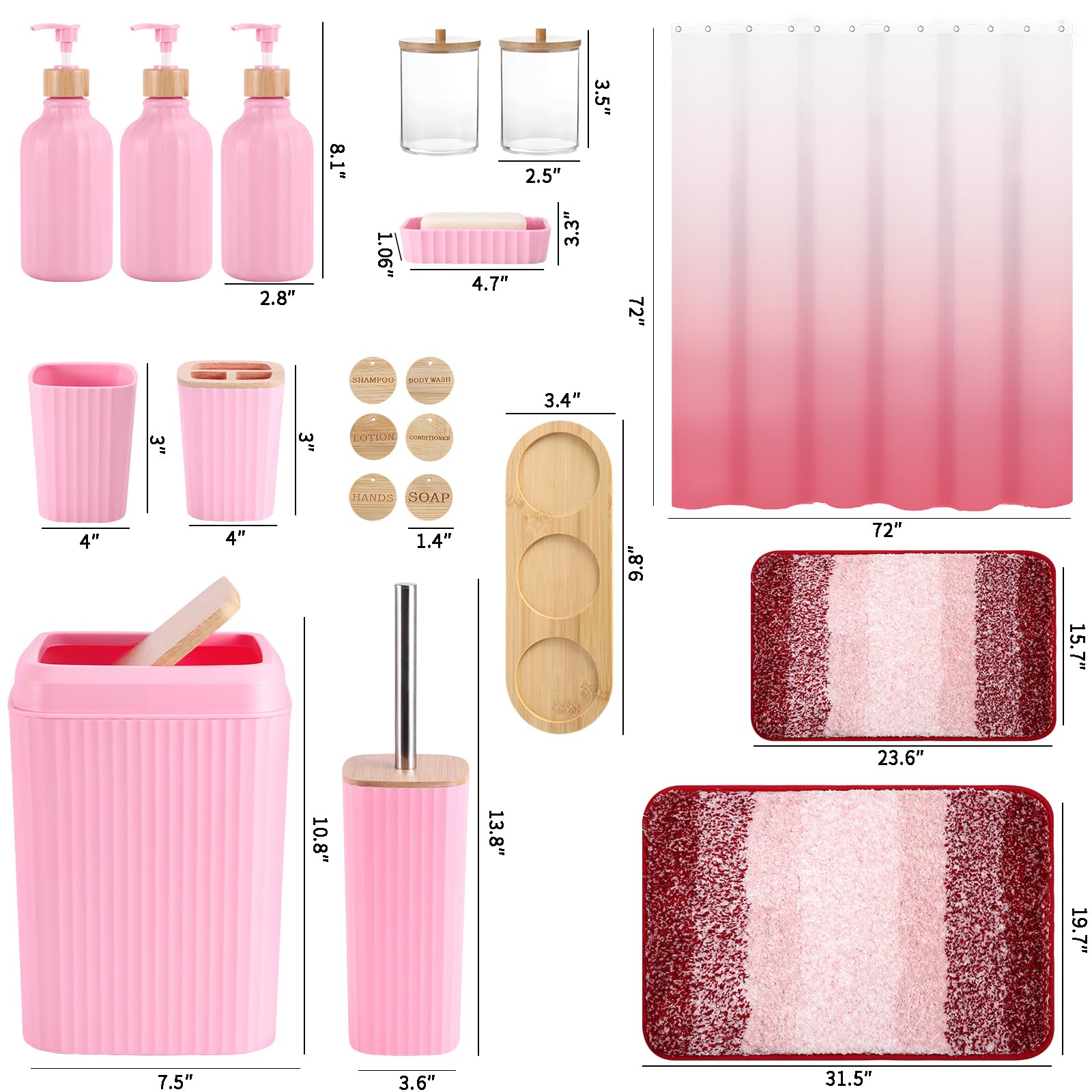 XLHOMO Bathroom Accessories,Bathroom Set with Shower Curtain,Rugs,Trash Can,Lotion Soap Dispenser,Toothbrush Holder,Soap Dish, Tags with Tray（Pink1 ），（Bath Set+Shower Curtain+Bath Rugs）