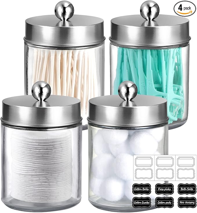 Amolliar Green Glass Apothecary Jar, Qtip Holder Bathroom Decor Gold 4 Pack