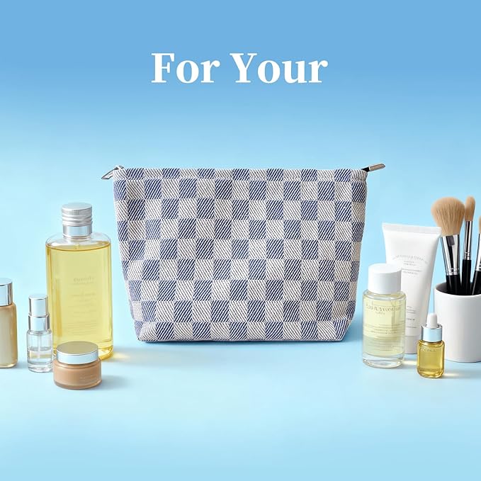 itgowisa Blue Checkered Makeup Bag, Travel Makeup Pouch for Women, Purse