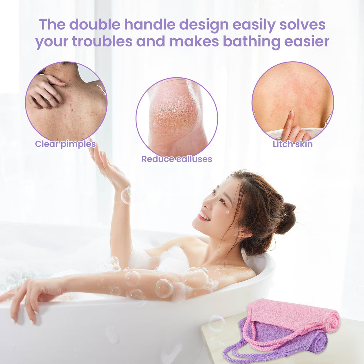 Silkyhose 3Pcs Dual-Sided Exfoliating Stretch Back Scrubber with Handles