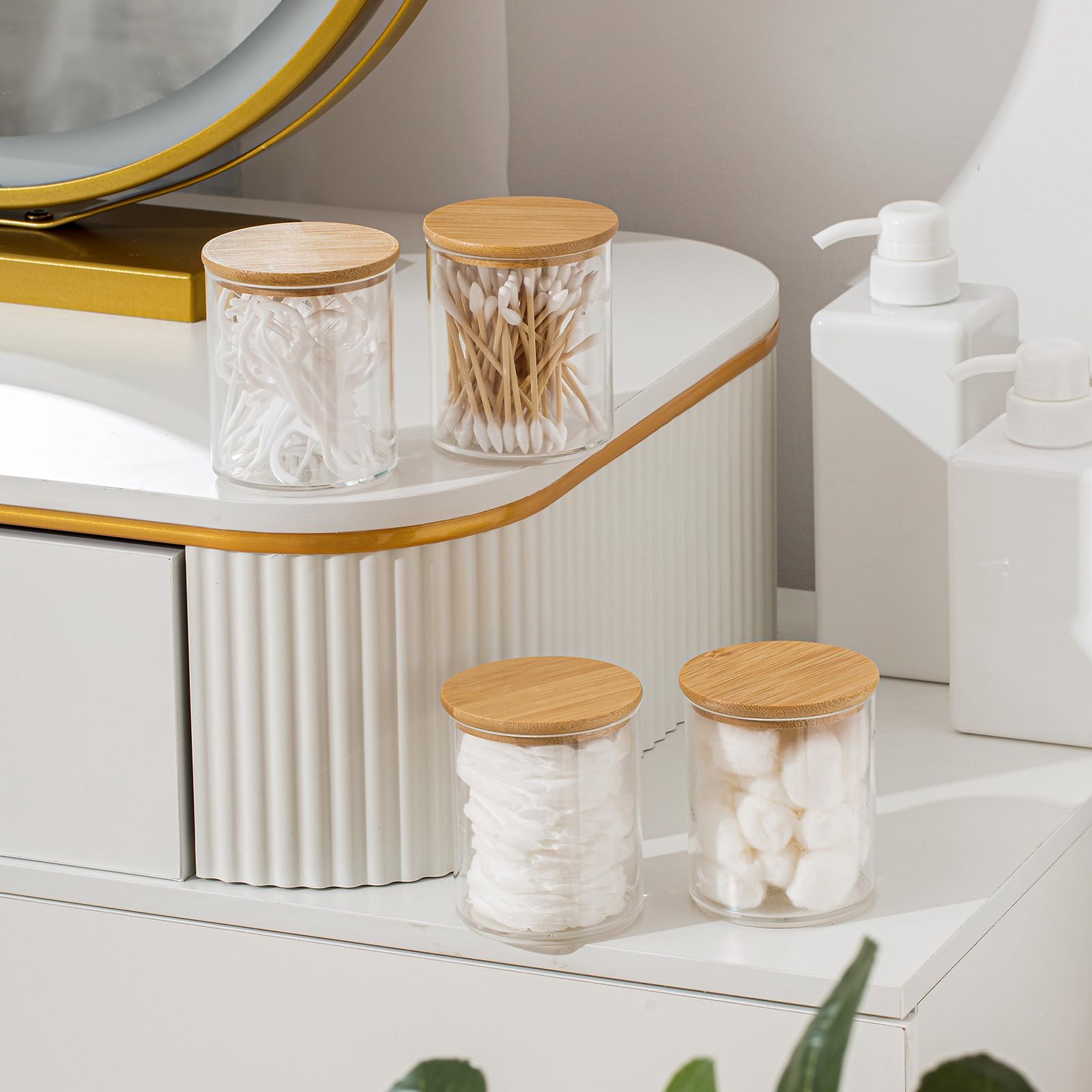 Yaomiao 6 Pack Cotton Pad Holder Bathroom Container, 10 oz Cotton Ball Swabs Dispenser, Clear Plastic Apothecary Jar Organizer with Lids for Bathroom Organization Vanity Organizers(Wood Color)