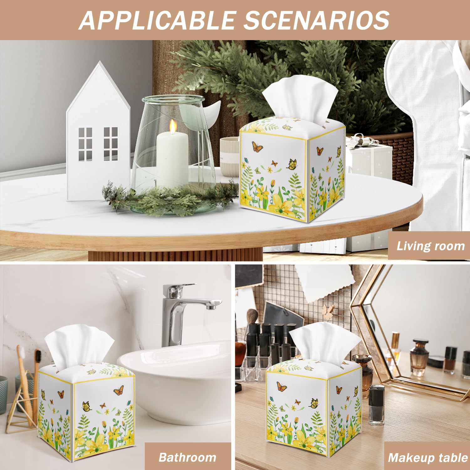Yellow Floral Butterfly Tissue Box Cover Square with Bottom Belt, Leather Waterproof Tissue Holder Facial Paper Case for Tabletop Home Office Bathroom Car Decor -06