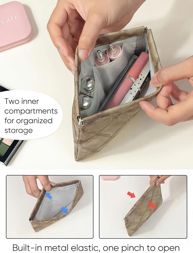 Ksriylm Denim Brown PU Leather Makeup Pouch Set for Women Small Checkered Make Up Bag for Purse Waterproof Initial Makeup Cosmetic Bags Pouches for Purse Aesthetic Travel Toiletry Bag,