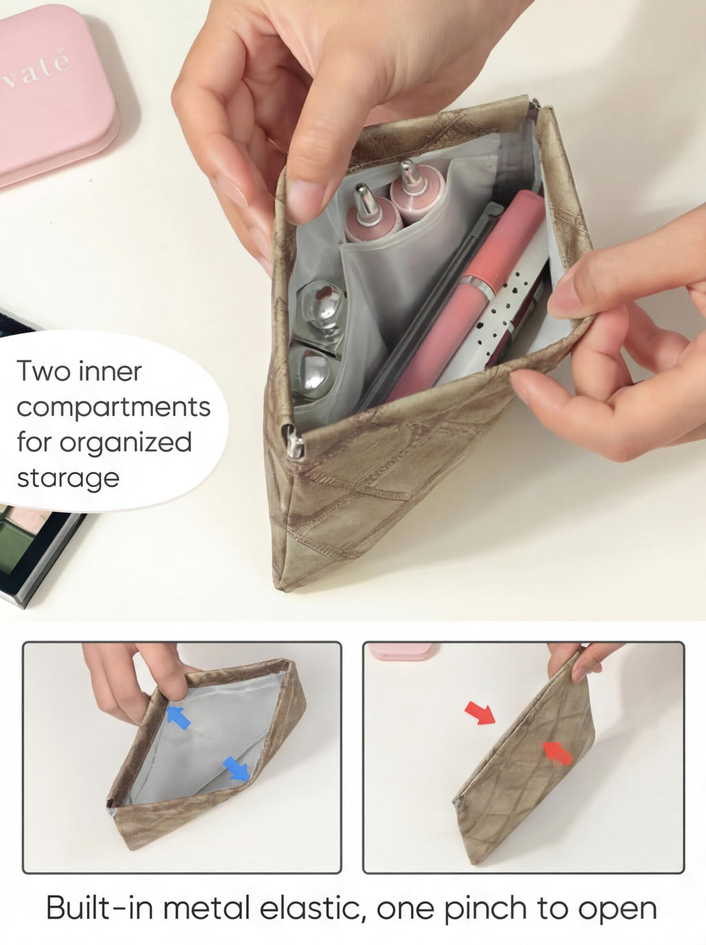 Ksriylm Denim Brown PU Leather Makeup Pouch Set for Women Small Checkered Make Up Bag for Purse Waterproof Initial Makeup Cosmetic Bags Pouches for Purse Aesthetic Travel Toiletry Bag,