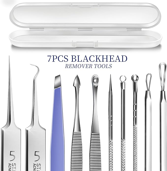 Teenitor 7 Pcs Pimple Popper Tool Kit, Surgical Grade Blackhead Remover Tools, Ingrown Hair Tweezers, Blackhead Extractor Pimple Extractor, Black Head Remover