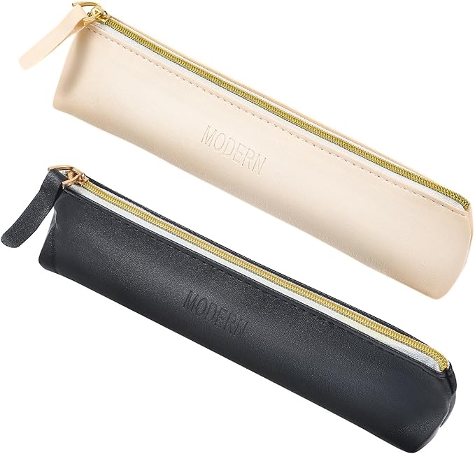 Tucnoeu 2pcs Mini Cosmetic Bag for Purse, 7.87 x 2.55inch Small Leather Pouch Make Up Bag with Zipper Portable Small Cosmetic Organizer for Women and Girls, Black Beige