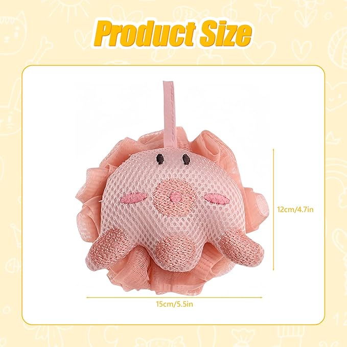 Kids Loofah, Cute Cartoon Animal Kids Bath Sponge with Hanging Rope, Soft Double Mesh for Rich Lather (Pink Octopus)