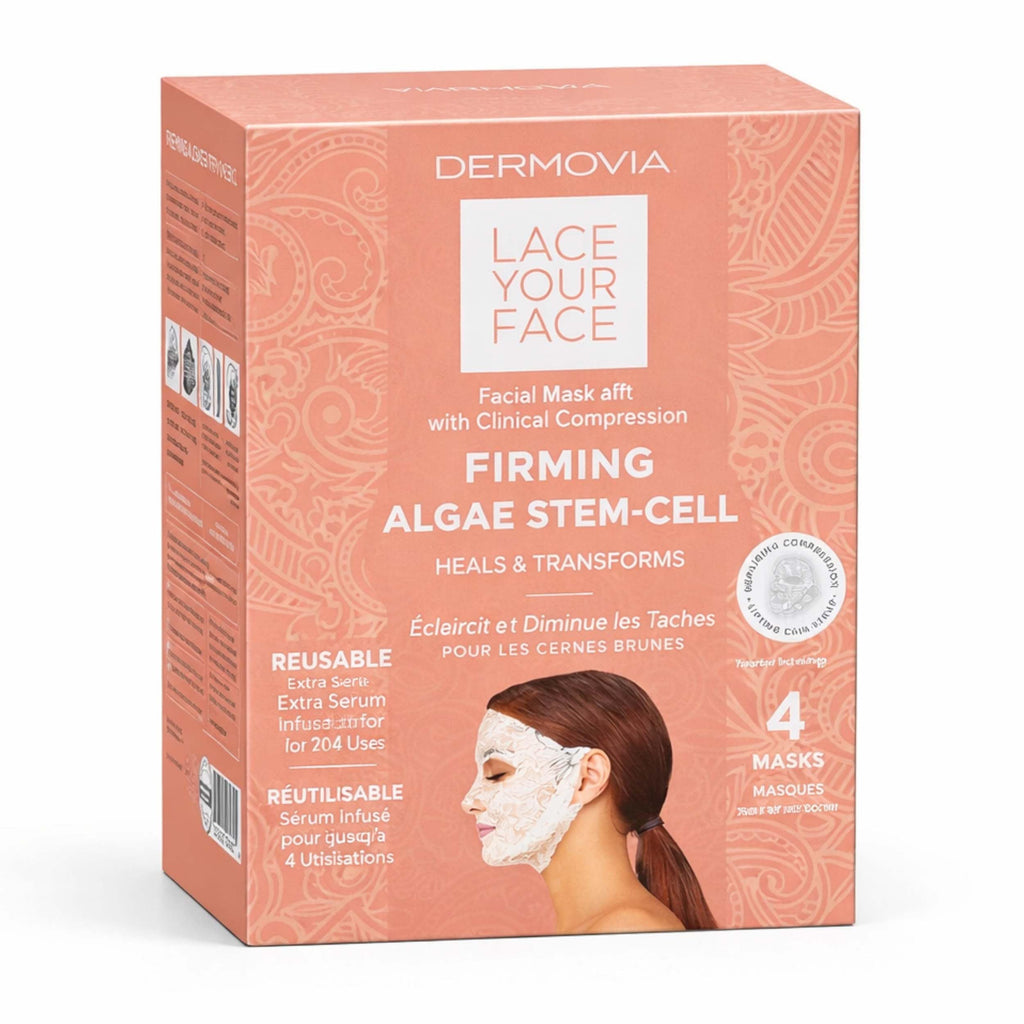 DERMOVIA LACE YOUR FACE Patented Compression Facial Mask, Reusable Biodegradable Cotton Anti Aging Skin Care, Firming Algae Stem Cell, 4 pack