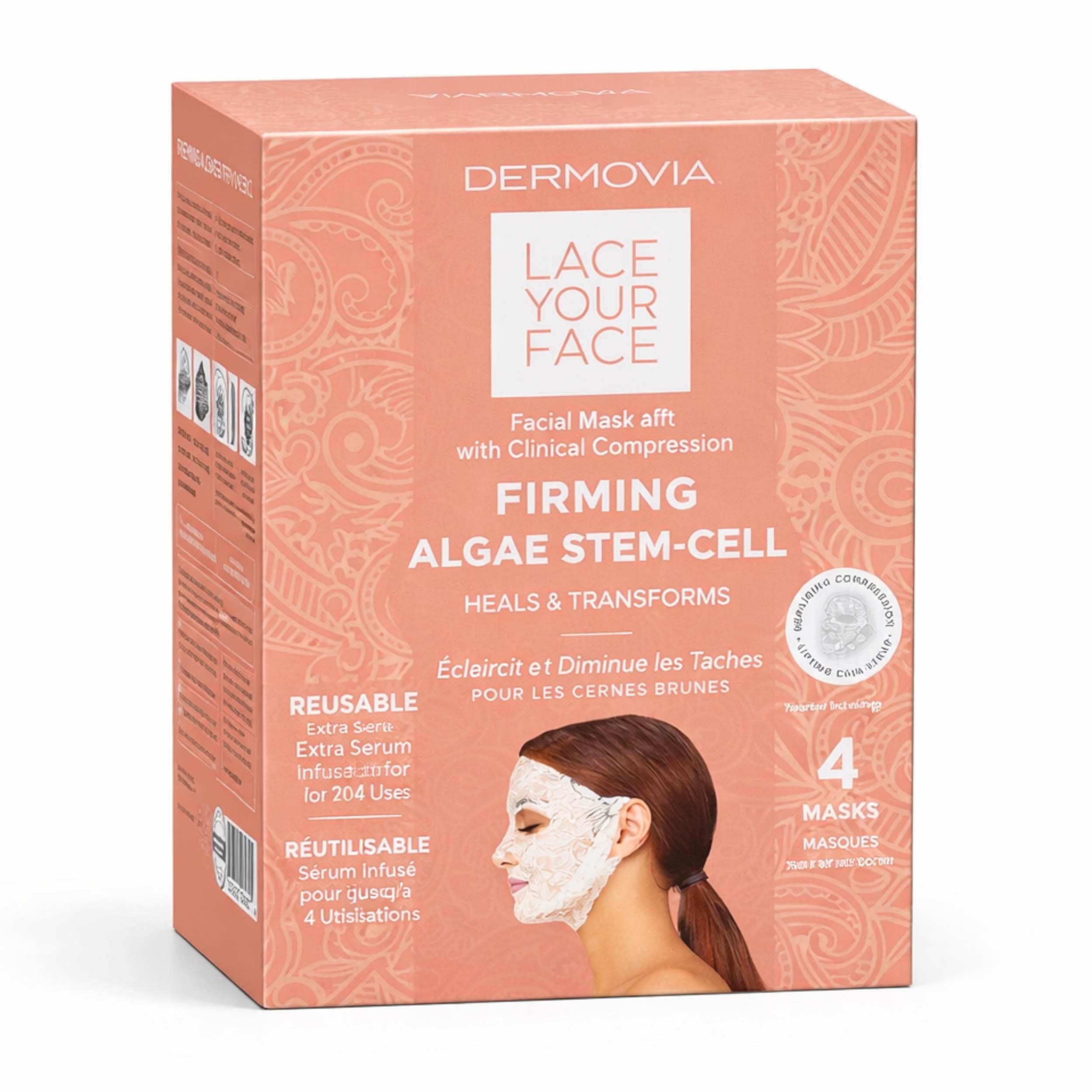 DERMOVIA LACE YOUR FACE Patented Compression Facial Mask, Reusable Biodegradable Cotton Anti Aging Skin Care, Firming Algae Stem Cell, 4 pack
