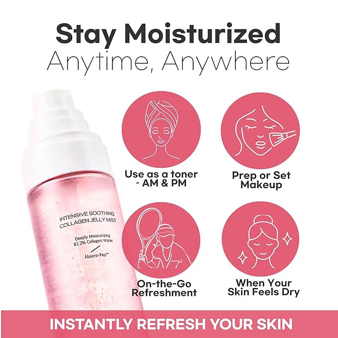 aurtier Intensive Soothing Collagen Jelly Mist, Deep Hydrating Pink facial mist, Elasticity Moisturizer, Dewy Glow Spray, Hyaluronic Acid, Lightweight Gentle for All Skin, Korean skin care 1.01 fl oz