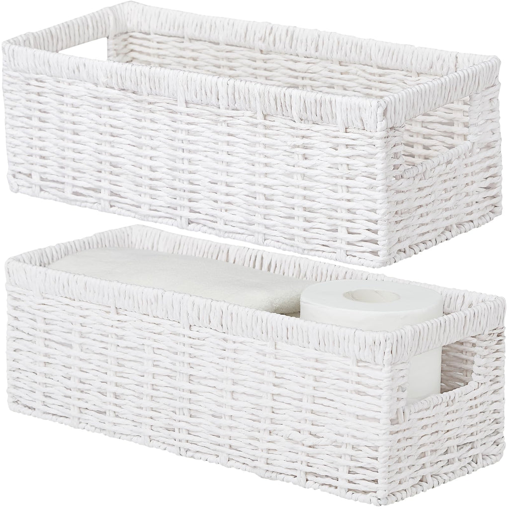 Vagusicc Wicker Storage Basket, Paper Rope Wicker Baskets with Handles, Toilet Paper Basket for Toilet Tank Top, Small Wicke Baskets for Organizing Shelves, 2-Pack, White