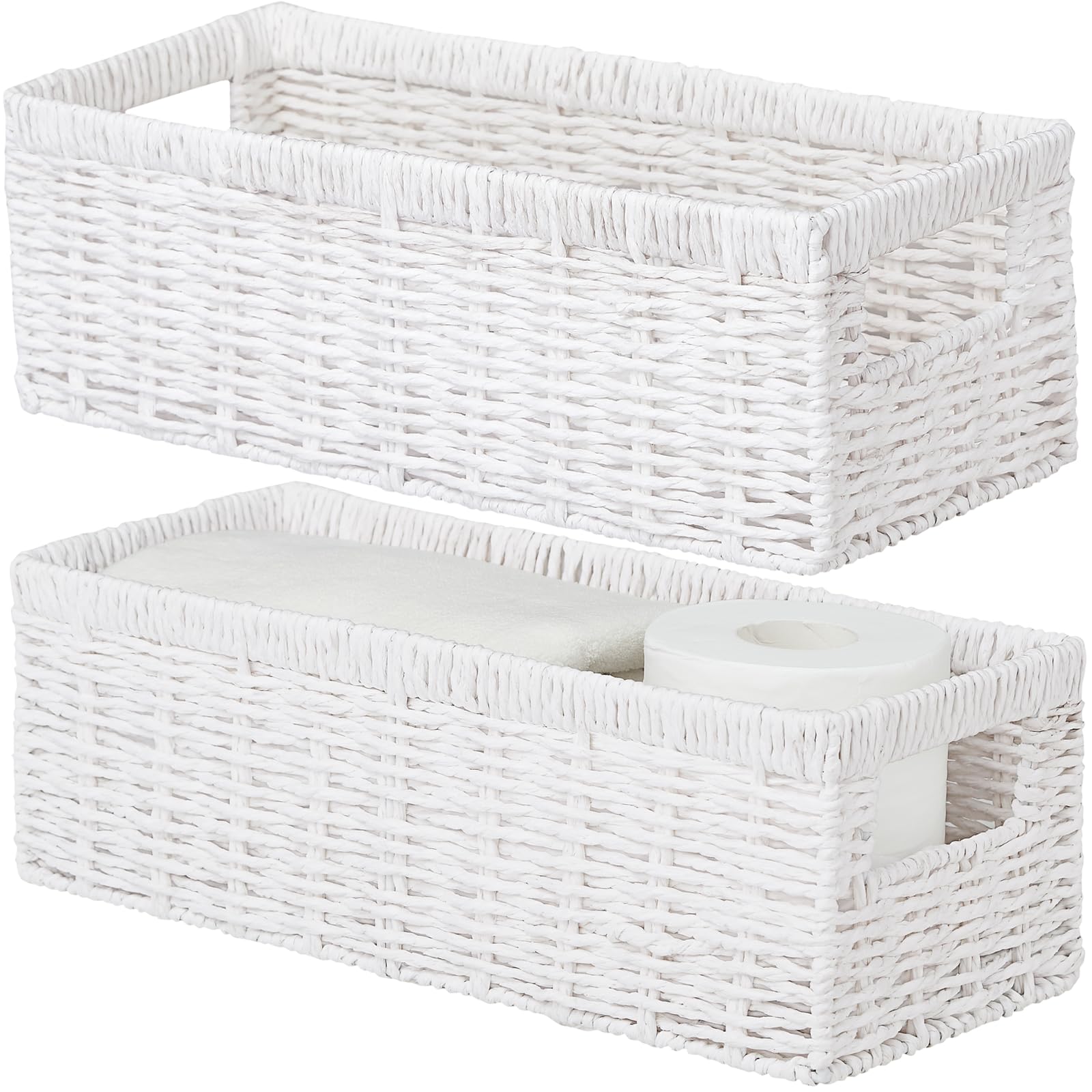 Vagusicc Wicker Storage Basket, Paper Rope Wicker Baskets with Handles, Toilet Paper Basket for Toilet Tank Top, Small Wicke Baskets for Organizing Shelves, 2-Pack, White