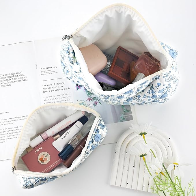 Lestp 2Pcs Quilted Cotton Makeup Bag Travel Makeup Brush Bag Large Small Pouch Set for Women Floral Coquette Makeup Bags Cute Aesthetic Cosmetic Pouch Blue Toiletry Organizer Storage Bags