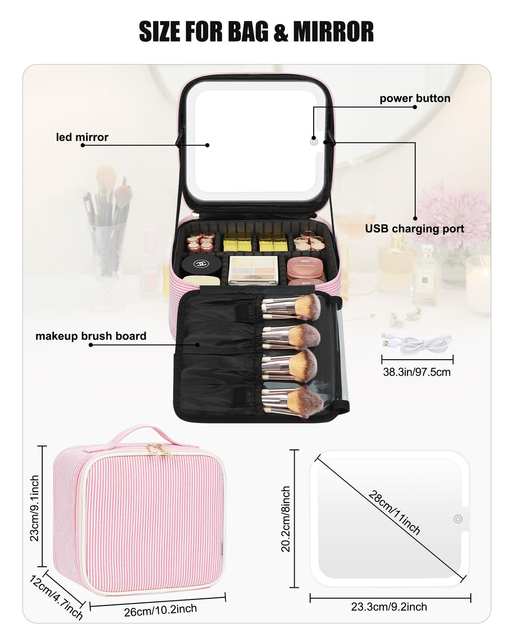 Relavel Travel Makeup Bag With LED Mirror, Portable Cosmetic Bag Organizer with Adjustable Brightness in 3 Color Scenarios, Small Cute Train Case with Detachable Dividers for Trip- Pink Strip