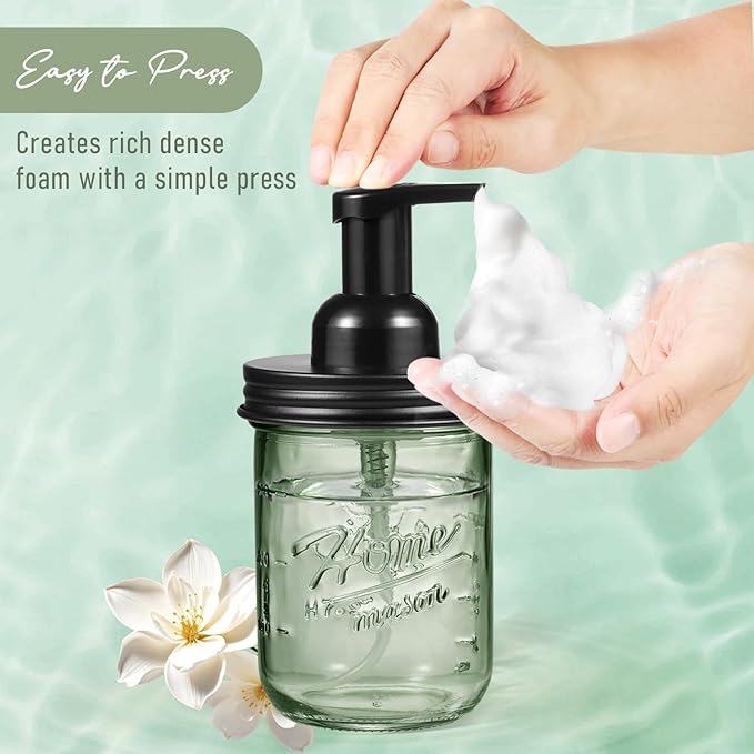 SheeChung Mason Jar Foaming Soap Dispenser, Stainless Steel Lid, BPA Free Pump, Green Glass Foam Hand Soap Dispenser, 16Oz Refillable Liquid Foam Dispenser Bottle for Bathroom Kitchen, Dish Soap-Black