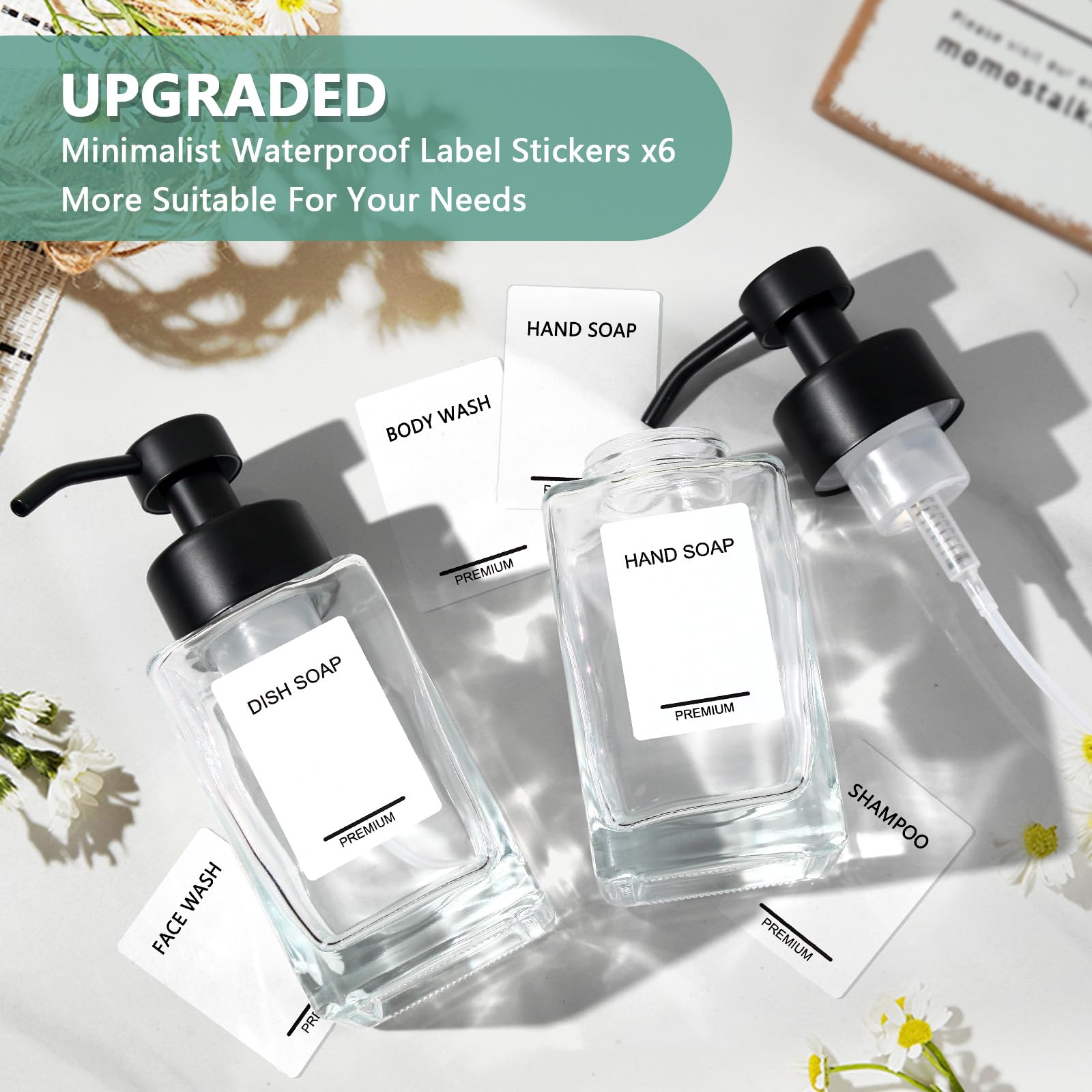 PLOUTA HOME Foaming Soap Dispenser 2 Pack, 12oz/350ml Glass Foaming Hand Soap Dispenser Set with Stainless Steel Pump, Square Refillable Foam Pump Bottles for Bathroom&Kitchen,Includes 6 Labels