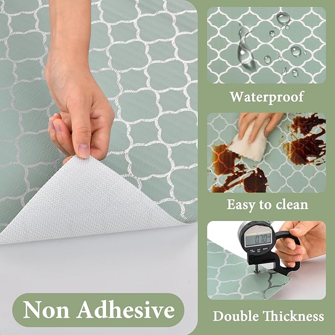 Shelf Liners for Kitchen Cabinets Non Adhesive Drawer Liner 17in x 20FT Light Green Quatrefoil Thickened Shelf Liner Strong Non-Slip Easy to Clean for Tool Box Refrigerator with Knife and Tape Measure