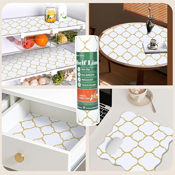 Shelf Liners for Kitchen Cabinets 12in x 30FT Non Adhesive Drawer Liner Gold Quatrefoil Thickened Shelf Liner Paper Strong Non-Slip Easy to Clean for Tool Box Refrigerator with Knife and Tape Measure