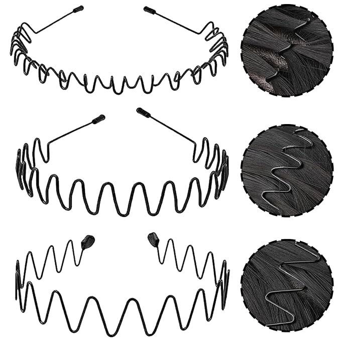 Hair Band for Men Metal Headbands Wavy Elastic Hairband, Simple Spring Hair Hoop Non Slip suitable for Sports and Daily Use. (3 Pcs)