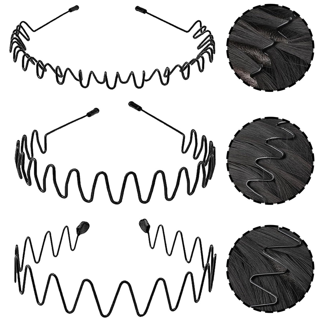 Metal Headband for Men, Zigzag Wire with Teeth, Non-Slip Adjustable 3 Pack