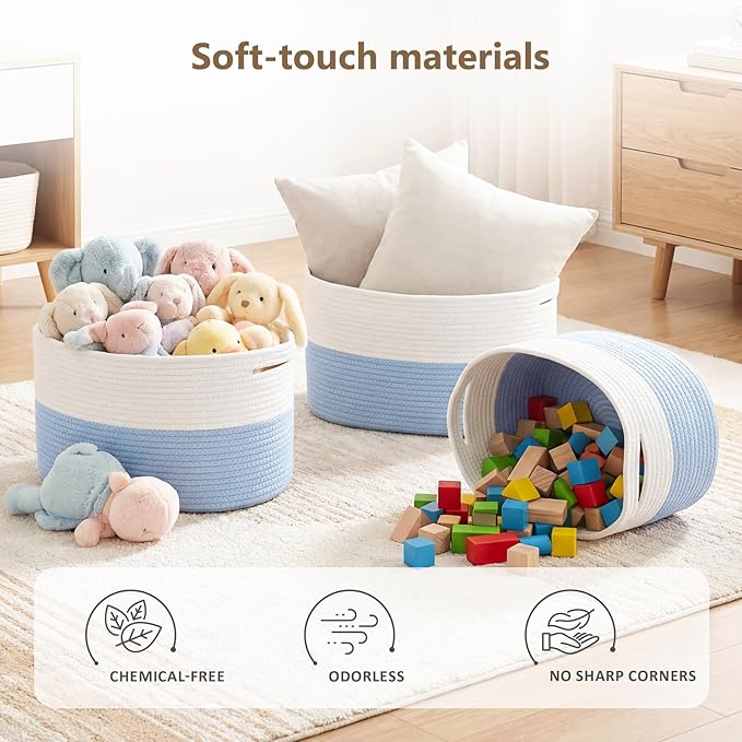 Cotton Rope Storage Basket, 15x10x9 Inches, Woven Basket for Shelves, Clothes, Towels, Books, and Laundry, White Blue (2 Pack)