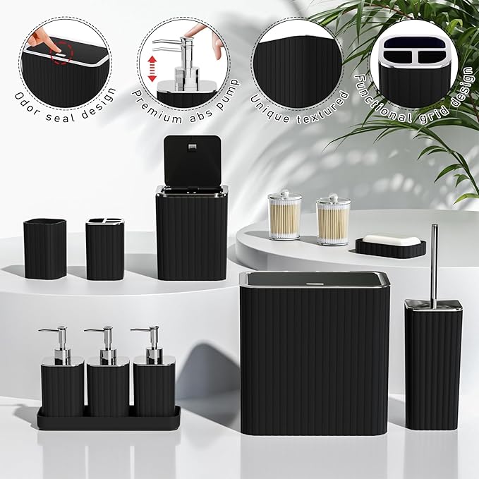 InnJoey Bathroom Accessory Set - Bathroom Set, 12PC Bathroom Accessory Set, Black Bathroom Accessories Set, Mini Trash Can, Toilet Brush, Trash Can & Soap Dispenser
