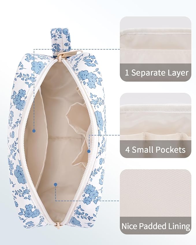 Narwey Small Makeup Bag for Purse Travel Makeup Pouch Mini Cosmetic Bag Zipper Pouch for Women (Blue Flower, Small)