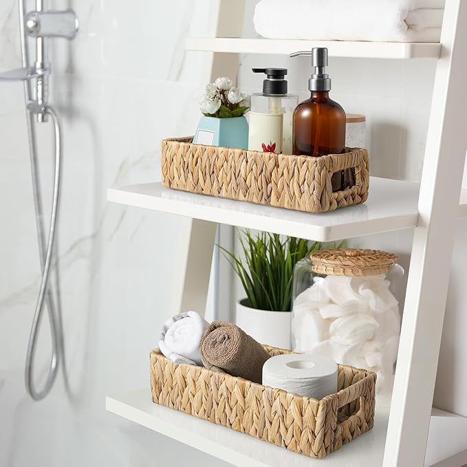 dreamkey Toilet Basket Tank Topper, Set of 2 Water Hyacinth Wicker Bathroom Storage Baskets, Back of Toilet Organizer for Toilet Paper, Towels, Toiletries, Hand Woven Nesting Baskets with Handles
