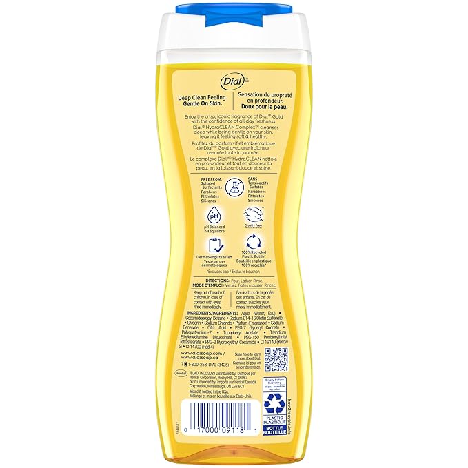 Dial Body Wash, Hydraclean Complex & Vitamin E, Gentle, Leaves Skin Feeling Nourished, Dermatologist-Tested, No Parabens & Sulfates, Advanced Clean, Gold, 16 Fl Oz, (Pack of 4)
