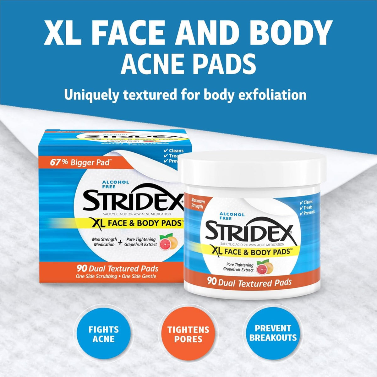 Stridex XL Face Body Pads, Exfoliating Salicylic Acid Acne Treatment, 90 Ct