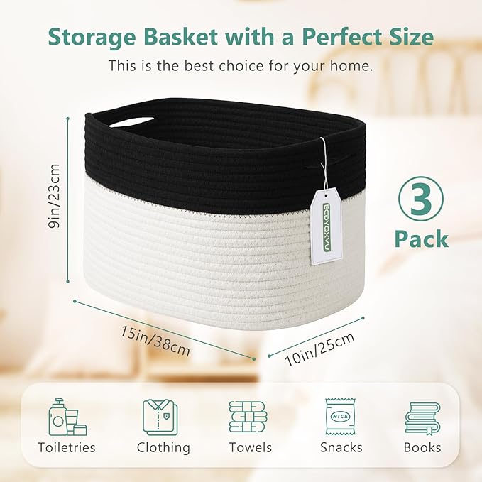 Cotton Rope Storage Basket, 15x10x9 Inches, Woven Basket for Shelves, Clothes, Towels, Books, and Laundry, Black/White (3 Pack)