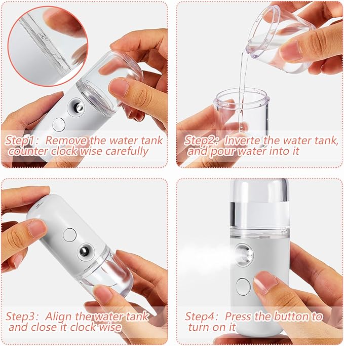Mudder 4 Pcs Nano Facial Mister Handy Nano Mist Sprayer 30ml Visual Water Tank Portable Face Steamer Mini USB Mister for Lash Extensions, Skin Care, Makeup(White, Black, Light Pink, Pink)