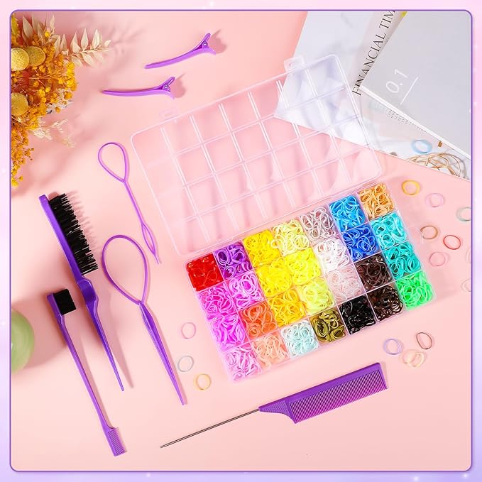 BESARME 28 Colors Rubber Bands for Hair Elastics with 8 Styling Tools, 1500 Pcs Baby Toddler Small Hairs Ties for Girls Hairs Accessories for Women