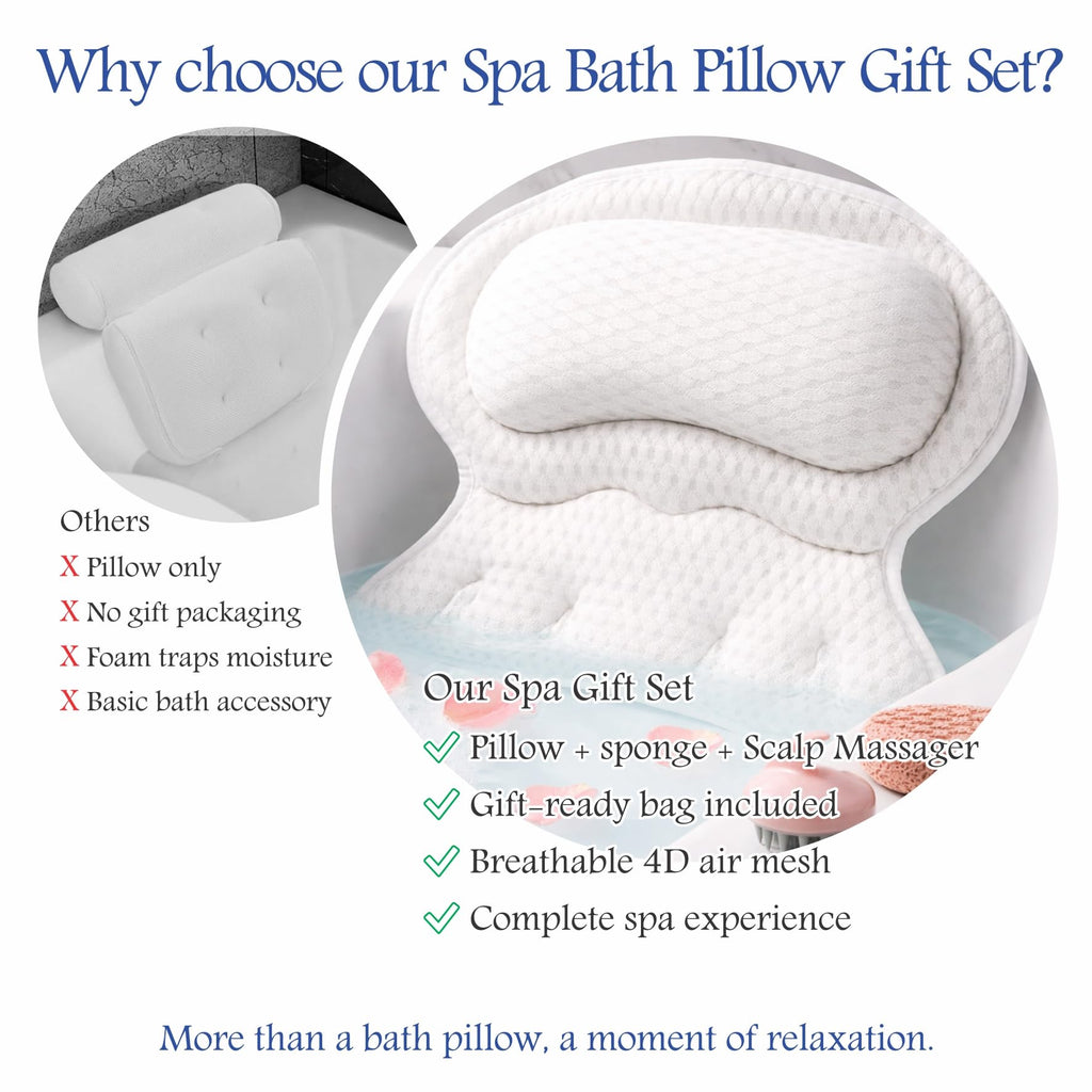 Bath Pillow for Tub, Luxury 4-Piece Spa Gift Set, Head, Neck & Back Support