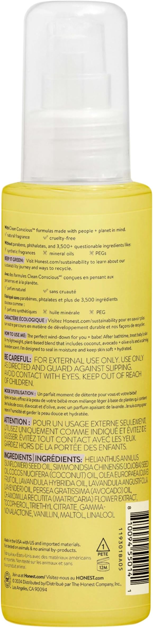 The Honest Company Lavender Infused Calming Body Oil Moisturize Nourish and Soothe Baby's Skin Plant-Based Hypoallergenic Vegan 4.0 fl oz