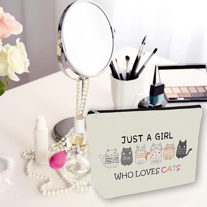 Girlly Cat Mom Makeup Bag For Women & Teen Girl Cat Lover Gifts: Cosmetic Bag & Toiletry Pouch Just A Girl Who Love Cats Themd For Mom, Daughters, Friends.Ideal Gifts For Travel, Birthdays.