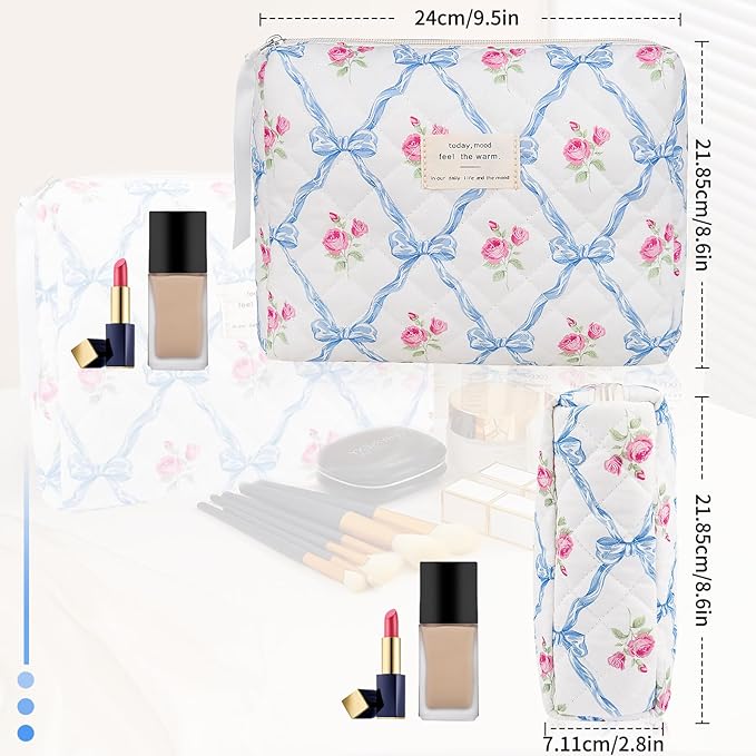 Gosect Floral Makeup Bag, Small Cosmetic Bag for Women Girls, Cute Cotton Makeup Bag, Quilted Makeup Bags, Flower Travel Toiletry Organizer Bag(Blue Flower)