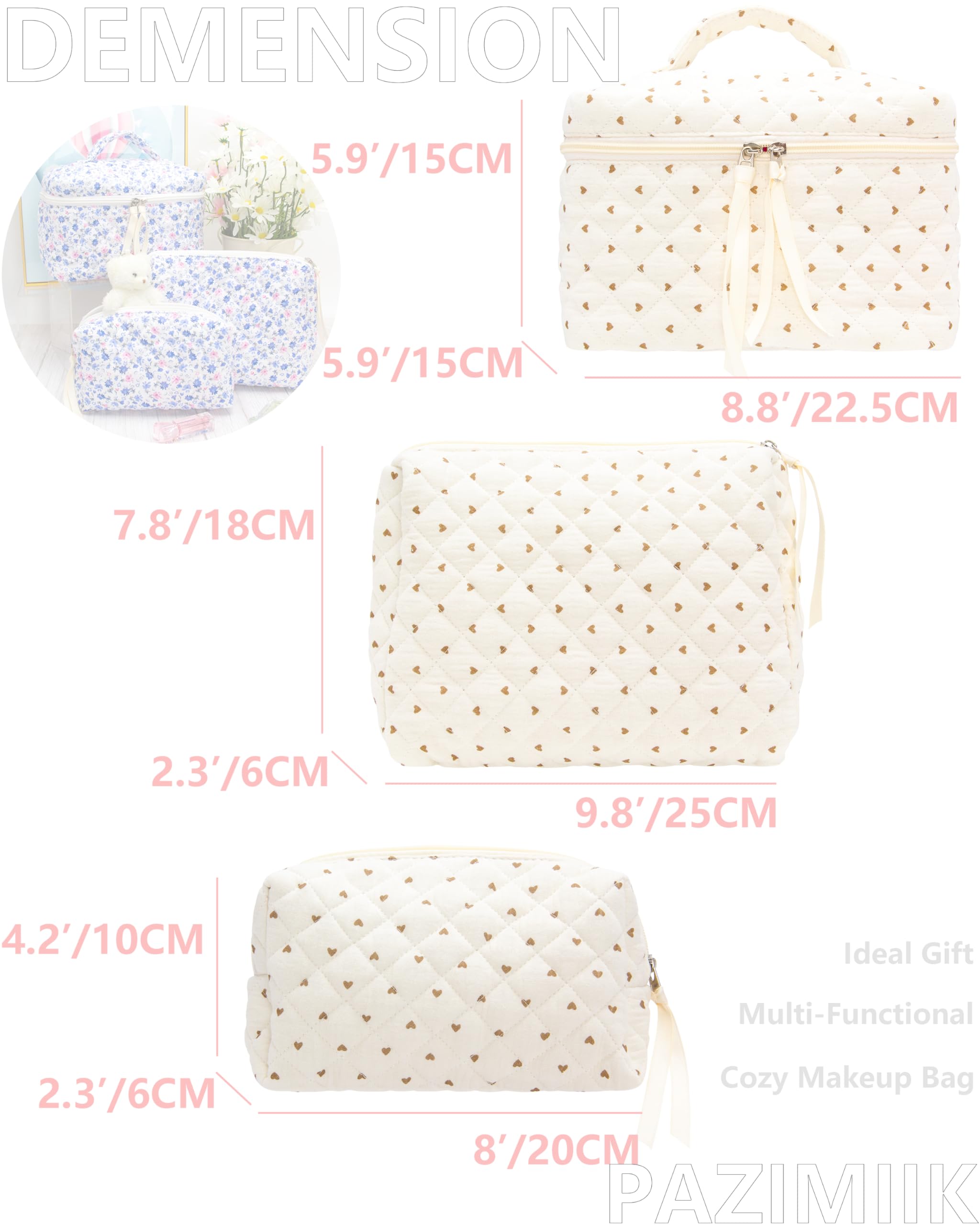 PAZIMIIK 3PCS Makeup Bag SET Large Travel Quilted Zipper Soft Cosmetic Case Pouch for Women Girls Make Up,Gauze Heart Coffee