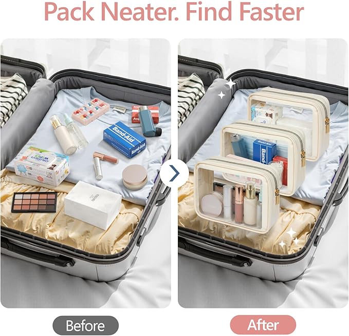 PACKISM Clear Makeup Bag Travel - 3 Pack TSA Approved Toiletry Bag, Beige