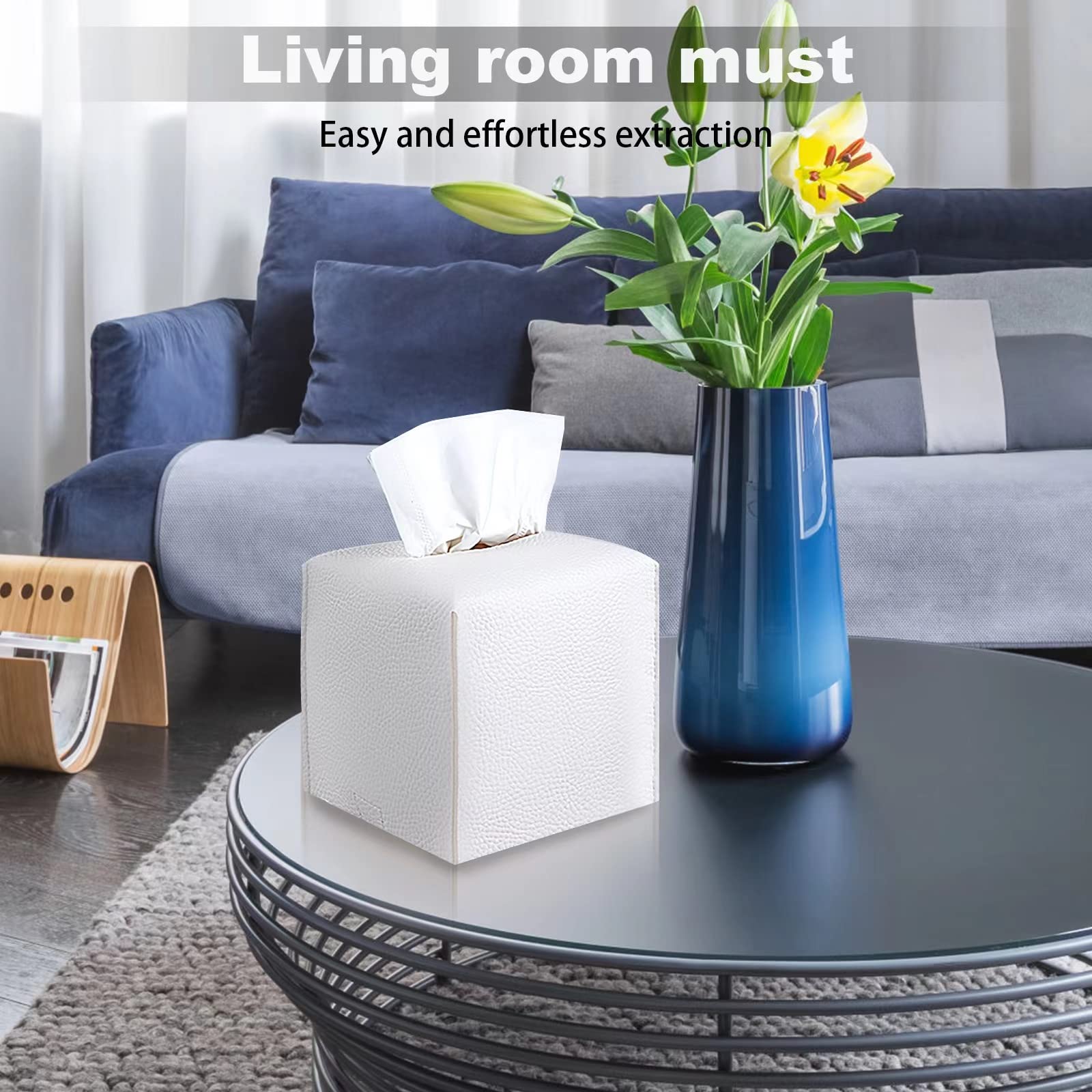 2 Pack, VIVIDLY Tissue Box Cover Holder, Square Modern PU Leather Tissue Box Holder, Can be Used for Bathroom Dressing Table, Bedside Table, Office Desk & Car 5"X5"X5"- (White, 2)