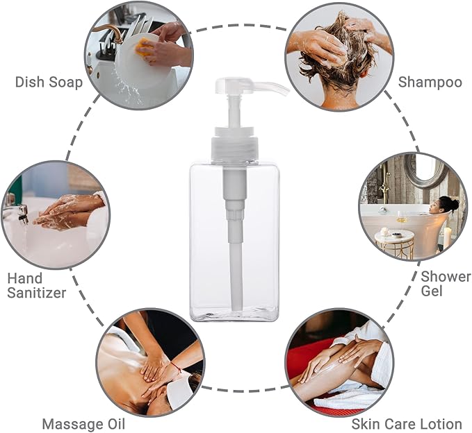 SUREAM Clear Empty Pump Bottles 6 Pack, 15oz/450ml Plastic Refillable Square Containers for Essential Oil Soap Lotion Shampoo Conditioner, Large Hand Pump Dispensers for Bathroom and Kitchen Sink Use