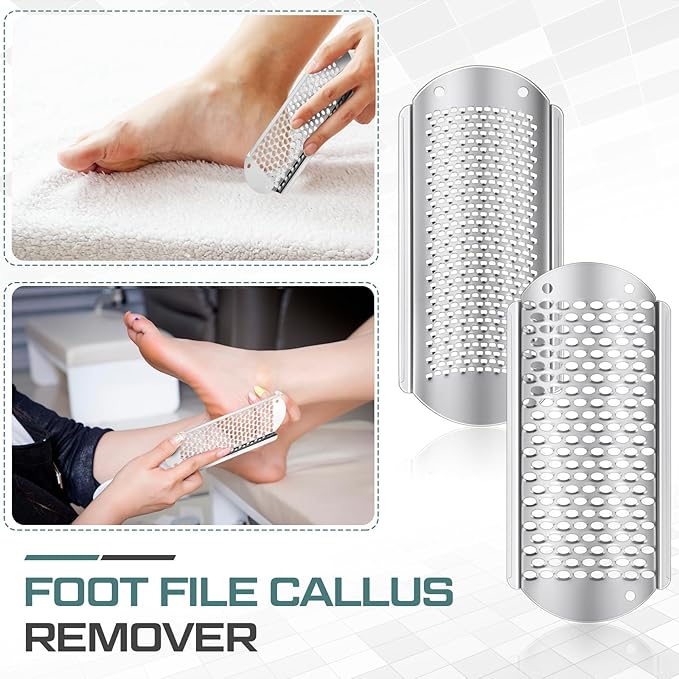 Moxweyeni 8 Pack Silver Foot File Callus Remover Replacement Blades Metal Pedicure Rasp Hard Skin Remove Scrubber Stainless Steel 2 Designs Big/fine Hole for Detachable Foot Grater